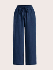 Navy linen wide-leg drawstring trousers with pockets