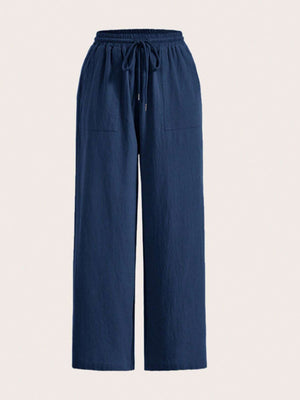 Navy linen wide-leg drawstring trousers with pockets