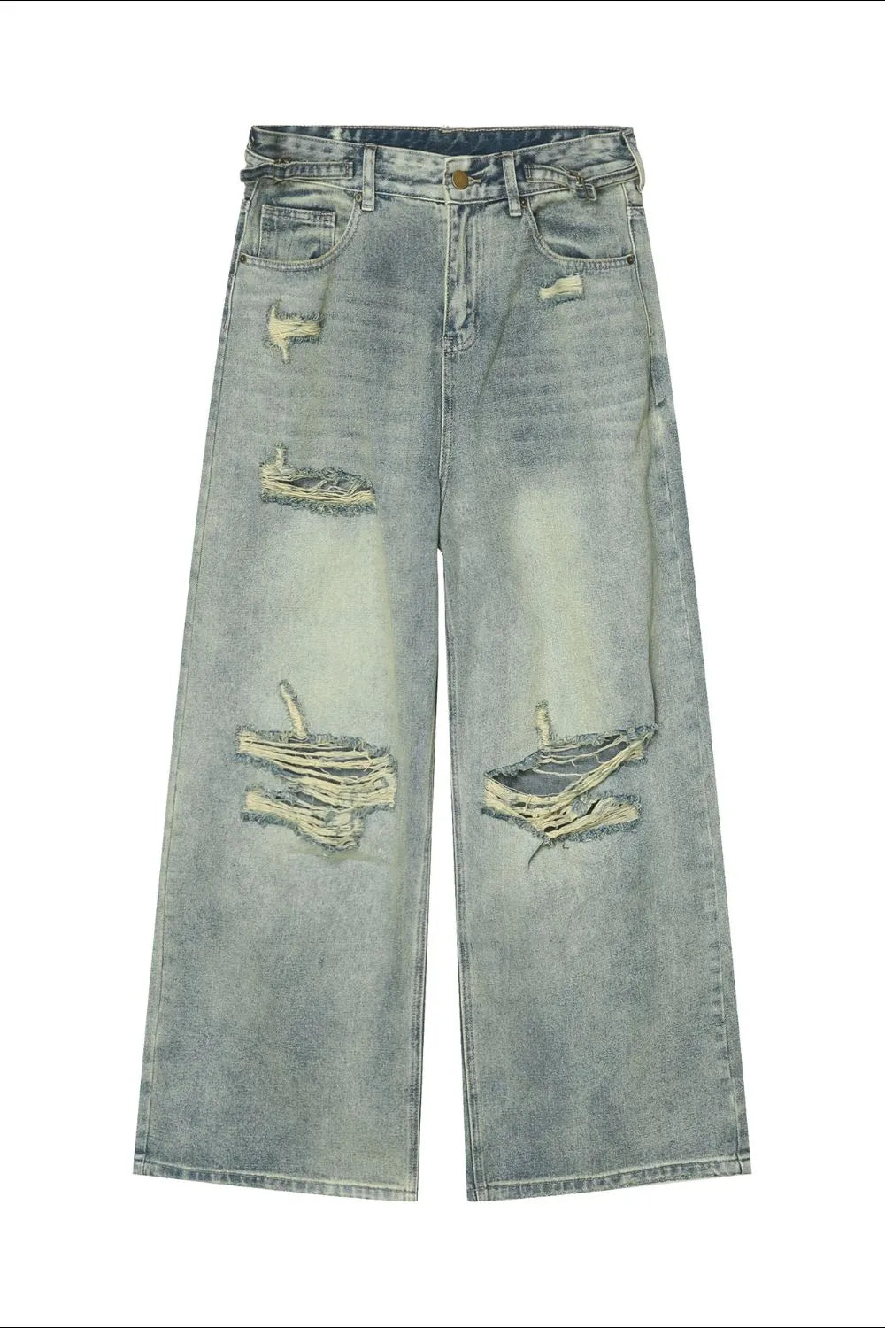 Light wash distressed denim palazzo trousers with wide legs and ripped details.