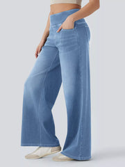 Maternity wide-leg jeans in light blue denim with a comfortable elastic waistband.