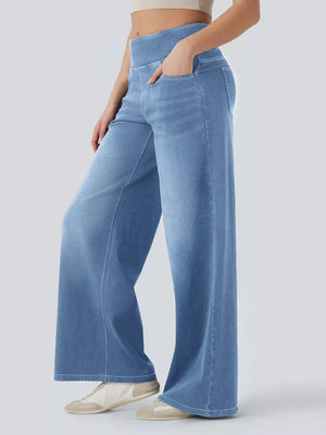 Maternity wide-leg jeans in light blue denim with a comfortable elastic waistband.
