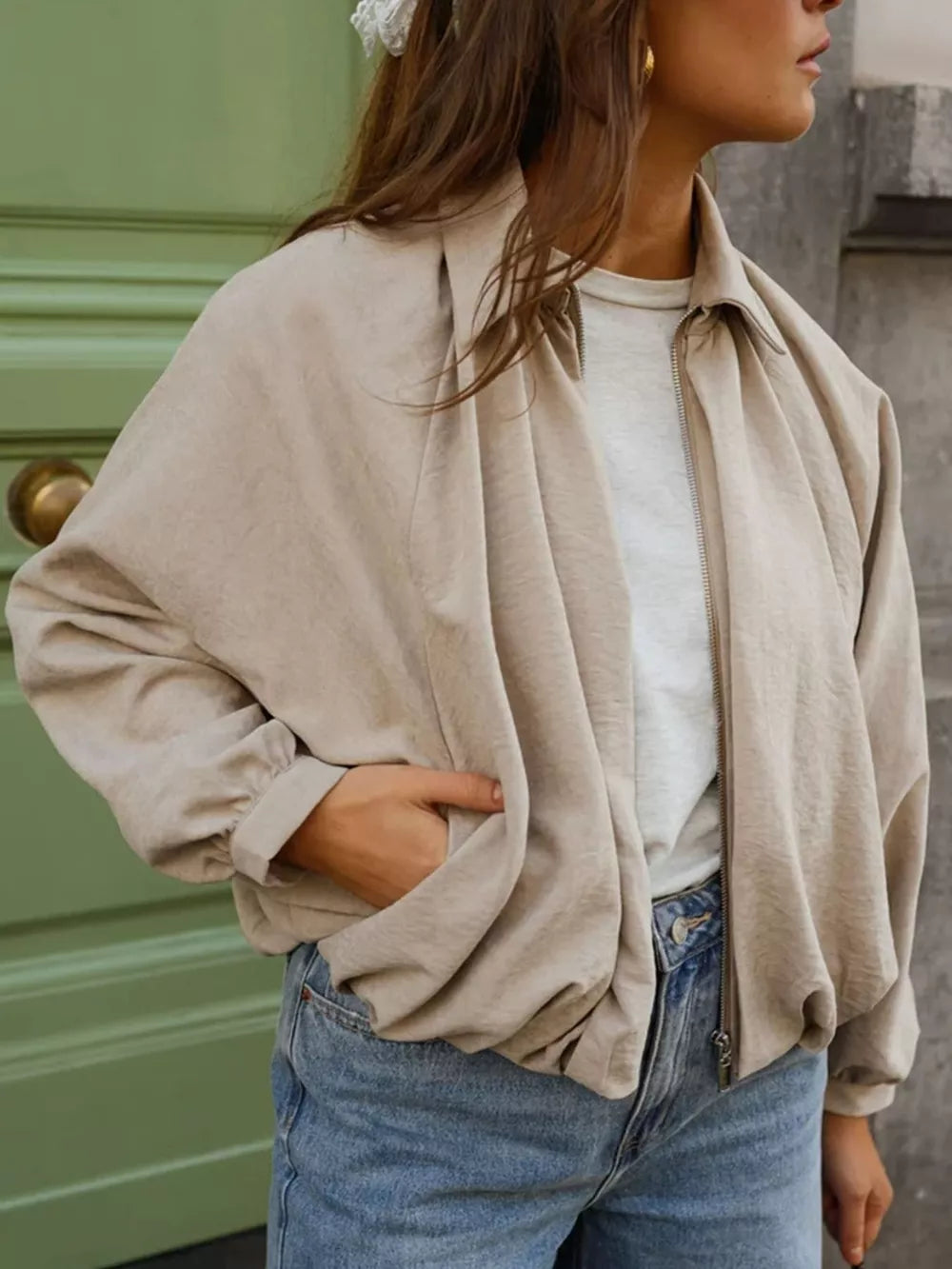 Zip Up Long Sleeve Bomber Jacket in Off-white, front view
