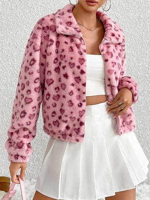 Pink faux fur track jacket with heart pattern and zip front