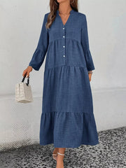 Blue tiered ruffle hem v-neck dress with button front and bell sleeves.