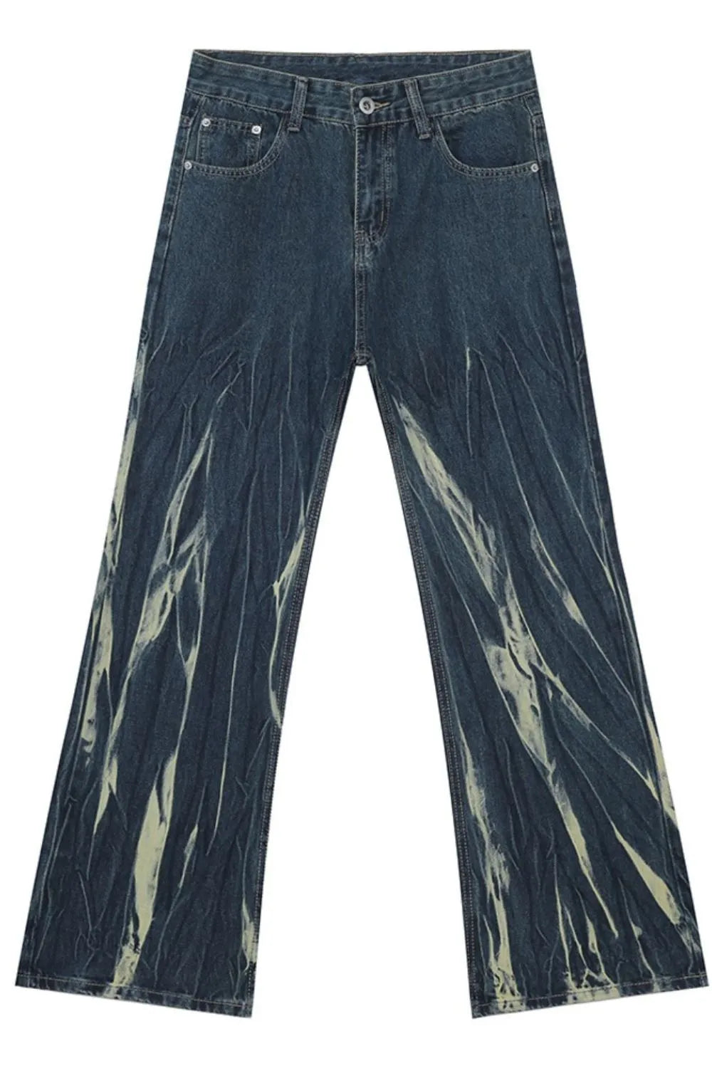 Faded flare denim jeans in dark wash with abstract light wash detailing and a relaxed fit.