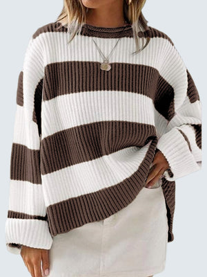 Striped oversized knit sweater in chocolate and white with crew neck and long sleeves.