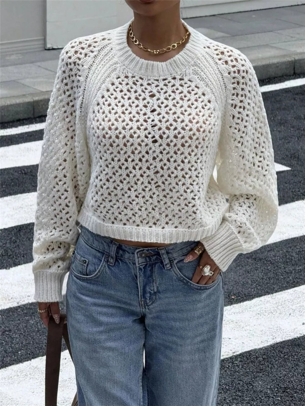 Crochet Knit Raglan Sleeve Sweater in White, front view