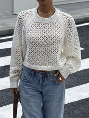 Crochet Knit Raglan Sleeve Sweater in White, front view