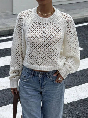 Crochet Knit Raglan Sleeve Sweater in White, front view