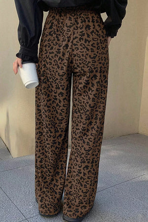 Leopard Print Elastic High Waist Corduroy Pants in Coffee Brown, back view