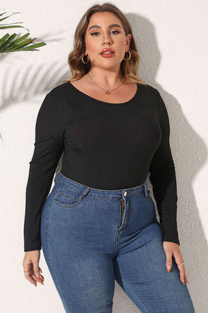 Black ribbed scoop neck long sleeve bodysuit styled with blue jeans.
