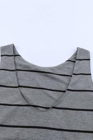Charcoal striped maxi dress with a scoop neckline.