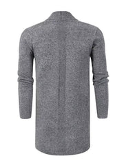 Gray heathered longline cardigan with pockets, long sleeves, and a shawl collar.
