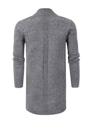 Gray heathered longline cardigan with pockets, long sleeves, and a shawl collar.