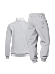 Light gray men's tracksuit set with white striped collar and cuffs.