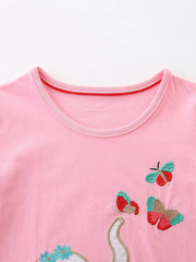Pink cotton baby outfit with embroidered elephant and butterflies.