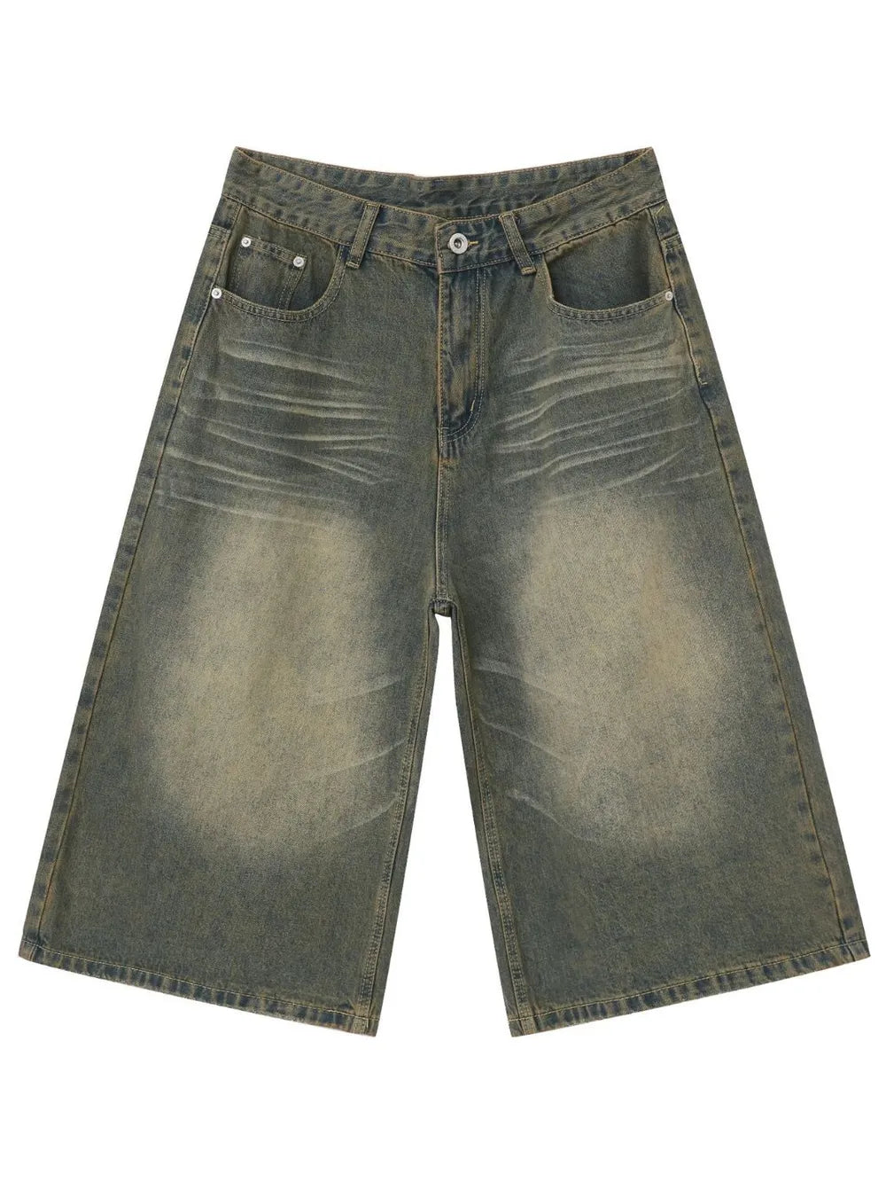 Wide-leg denim culotte shorts in a distressed dark gray wash with a buttoned fly and classic five-pocket styling.