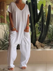 Loose Fit V-neck Short Sleeve Wide Leg Jumpsuit in Floral Gray, side view