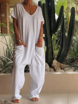 Loose Fit V-neck Short Sleeve Wide Leg Jumpsuit in Floral Gray, side view