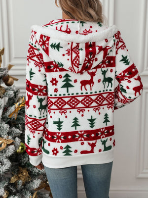 White fleece zip-up hoodie with festive red and green Fair Isle reindeer and tree pattern.