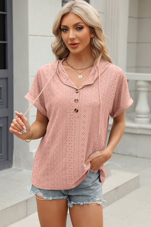 Blush pink perforated henley hooded tee with short sleeves and button detail