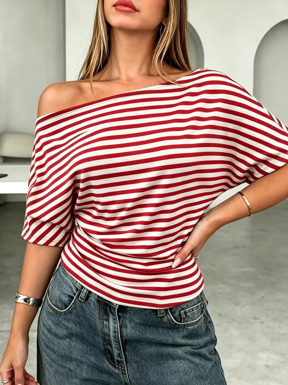 One Shoulder Striped Dolman Sleeve T-shirt in Gray, model styling view