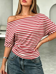 One Shoulder Striped Dolman Sleeve T-shirt in Gray, model styling view