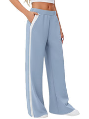 Pastel blue palazzo trousers with white side stripe detail and pockets.