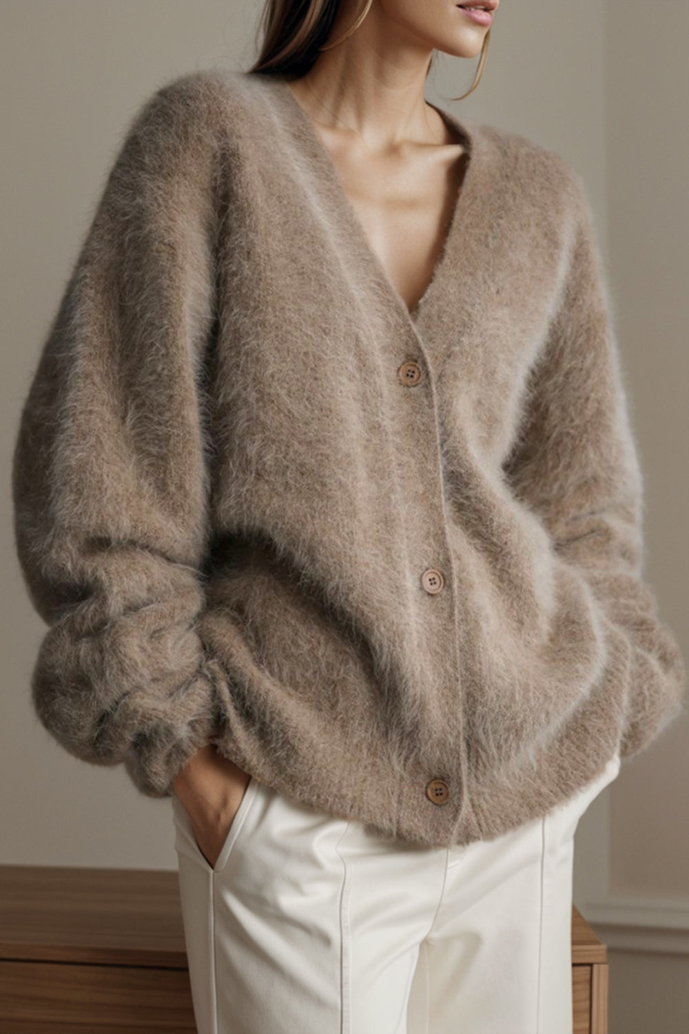 Fluffy angora V-neck cardigan in Khaki with button front and balloon sleeves.