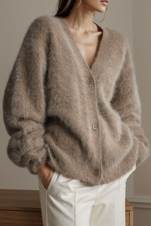 Fluffy angora V-neck cardigan in Khaki with button front and balloon sleeves.