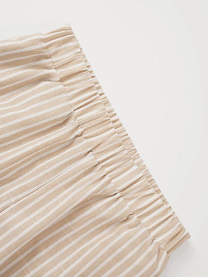 Chic high-waisted striped wide-leg pants with elastic waistband in beige and white linen blend.
