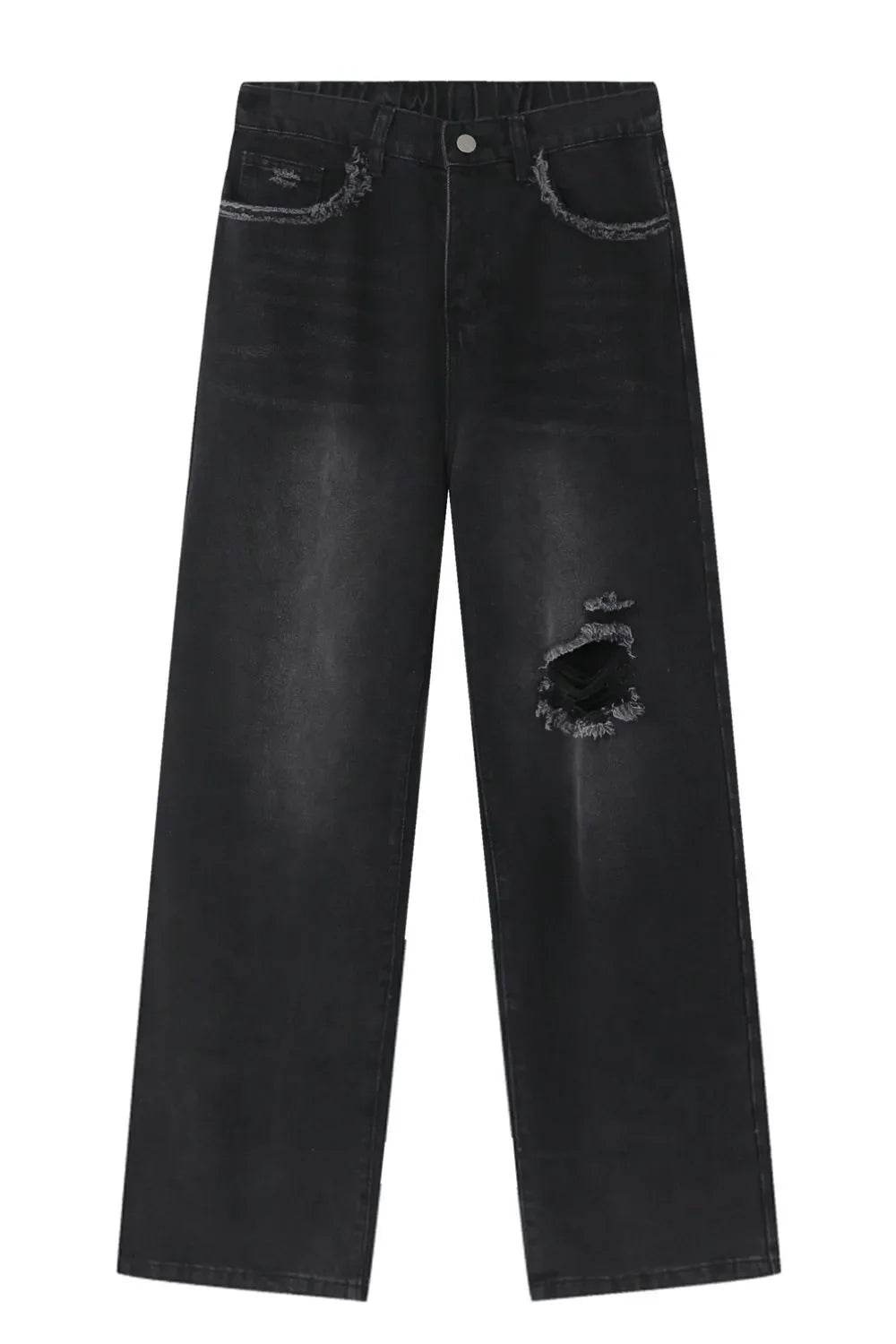 Distressed dark wide-leg jeans with raw hem and ripped knee detail