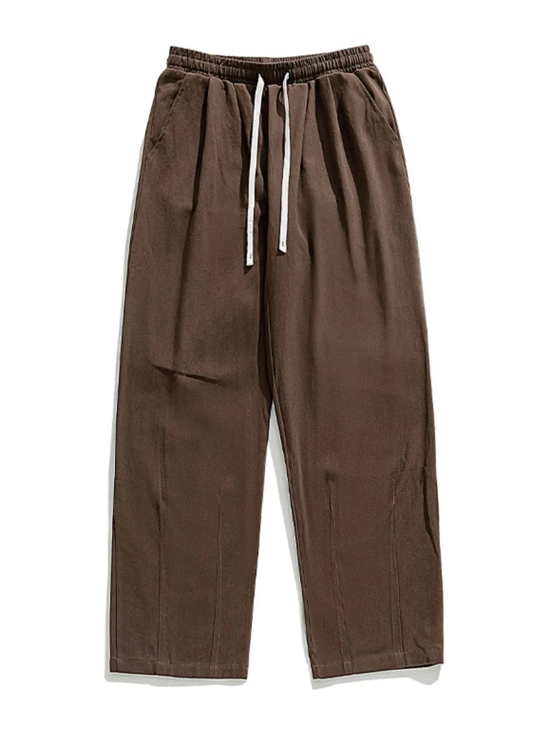 Coffee brown wide-leg pleated drawstring trousers with a relaxed fit.