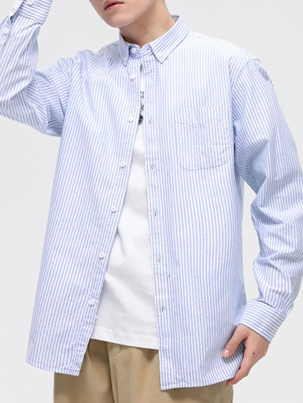 Light blue striped cotton button-down shirt with chest pocket