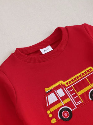 Children's Fire Truck Embroidered Top And Pants Set in Red, model styling view