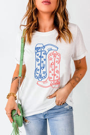 White t-shirt with red and blue cowboy boot graphic with stars