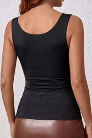 Black fitted tank top with square neckline and cropped length