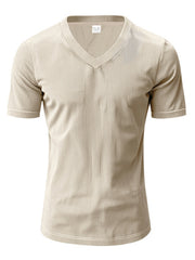 Apricot ribbed V-neck t-shirt with short sleeves and a slim fit.