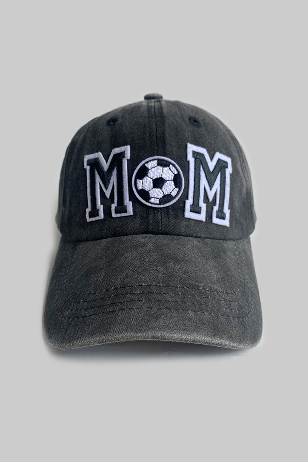Dark Gray baseball cap with embroidered MOM and soccer ball detail