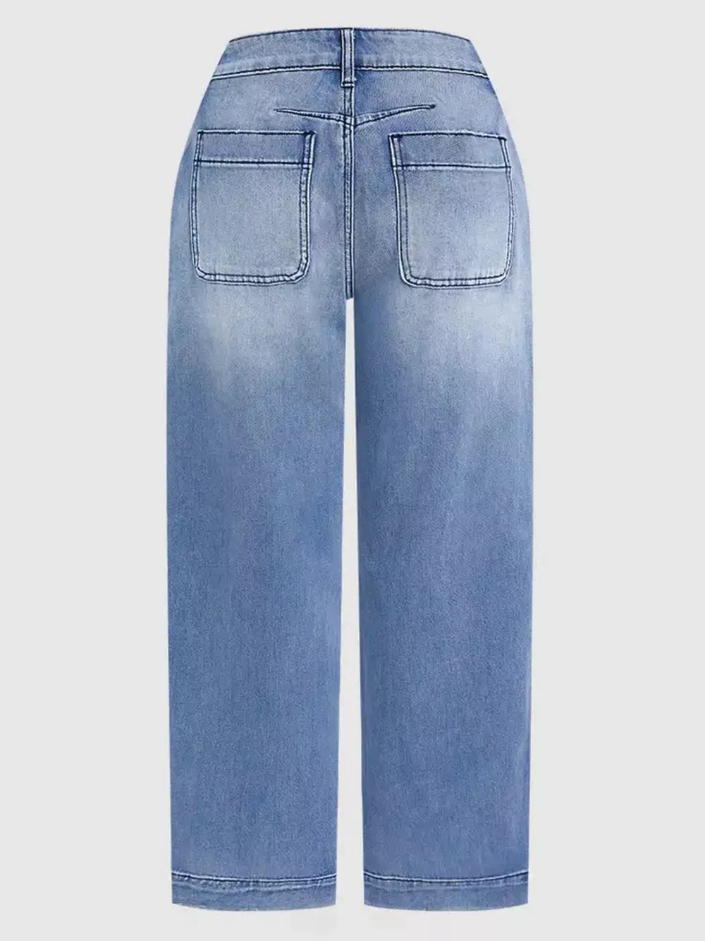 Relaxed high-waisted denim maternity jeans in light blue wash with cuffed hem and back pockets.