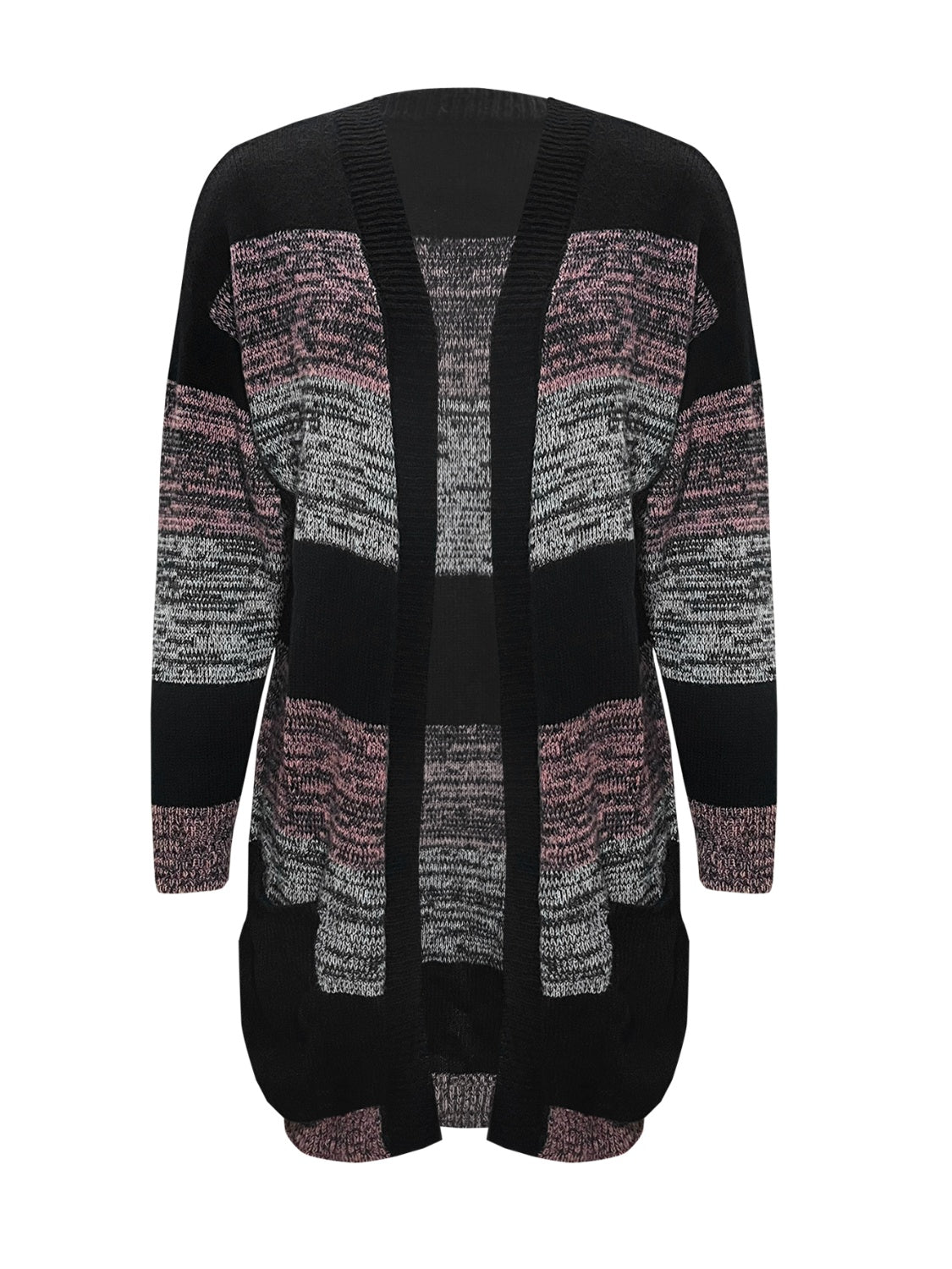 Colorblock knit cardigan with pockets in black, pink, and grey marled yarn.