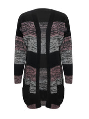 Colorblock knit cardigan with pockets in black, pink, and grey marled yarn.