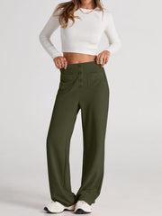 Button-front palazzo trousers in Gum Leaf green with flap pockets and a wide leg.