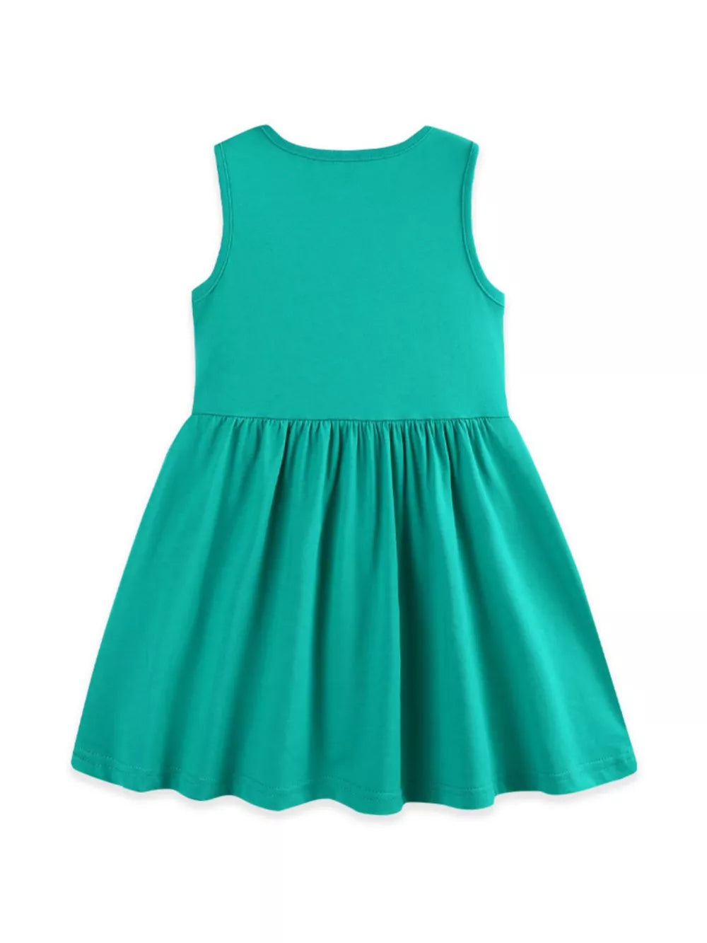 Teal a-line baby dress with ruffled waist and floral appliqué detail.