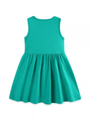 Teal a-line baby dress with ruffled waist and floral appliqué detail.