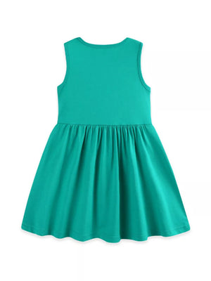 Teal a-line baby dress with ruffled waist and floral appliqué detail.