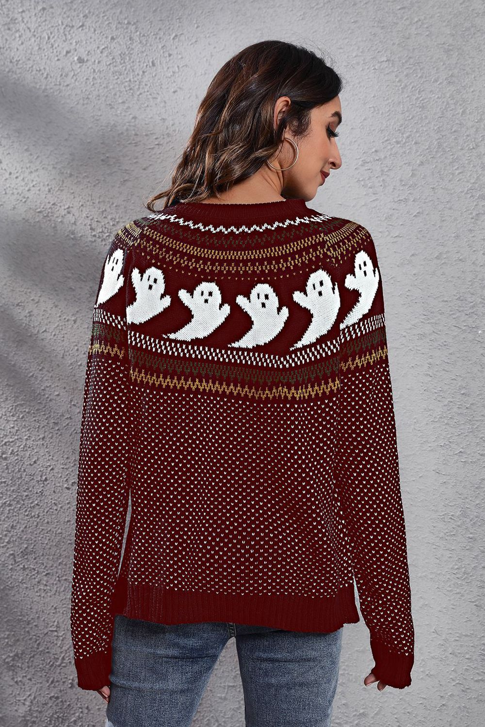 Spooky Jacquard Ghost Crewneck Sweater in Wine with white ghost pattern, acrylic knit, crewneck, long sleeves.