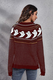 Spooky Jacquard Ghost Crewneck Sweater in Wine with white ghost pattern, acrylic knit, crewneck, long sleeves.