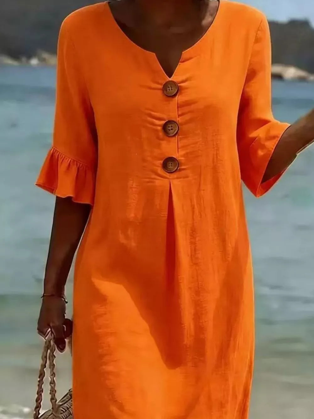 Button Decor Ruffle Sleeve Midi Dress Plus Size, editorial view