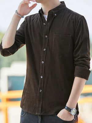 Men's chocolate corduroy button-down shirt with chest pocket and buttoned collar.